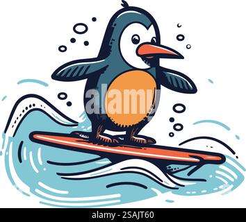 Mignon pingouin surf sur planche de surf. Illustration vectorielle dans le style de bande dessinée. Illustration de Vecteur