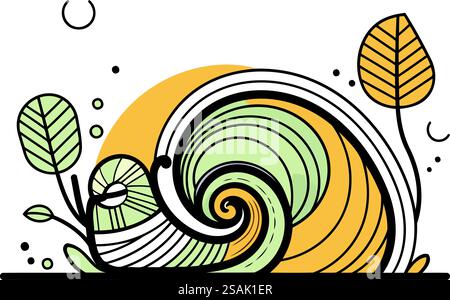 Illustration scandinave graphique abstraite vectorielle dessinée à la main avec des feuilles et des escargots isolés sur fond blanc Illustration de Vecteur