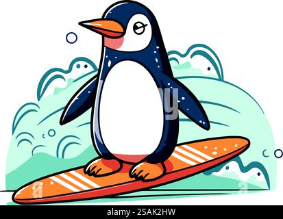 Mignon pingouin sur planche de surf. Illustration vectorielle dessinée à la main. Illustration de Vecteur