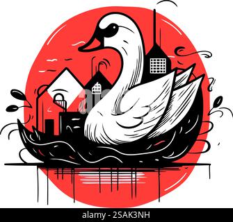 Cygne dans un nid sur un fond de ville. Illustration vectorielle Illustration de Vecteur