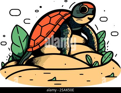 Tortue sur le sable. Illustration vectorielle d'un animal de bande dessinée. Illustration de Vecteur