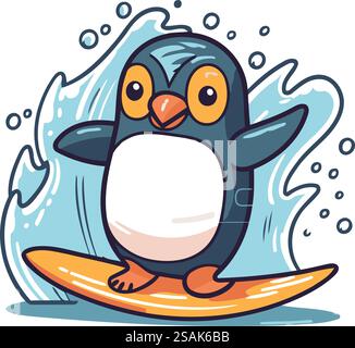 Mignon pingouin de dessin animé sur planche de surf. Illustration vectorielle isolée sur fond blanc. Illustration de Vecteur