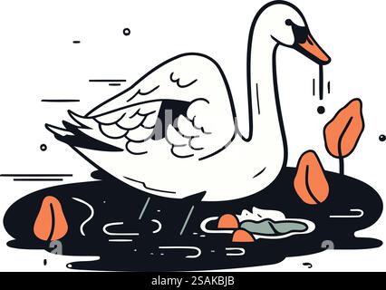 Illustration vectorielle d'un cygne blanc sur le fond du paysage d'automne. Illustration de Vecteur