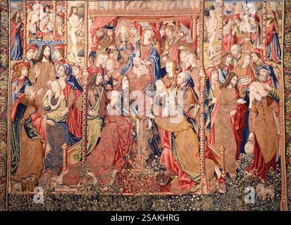 JAN VAN ROOME (ACTIF 1498-1521), DESSINATEUR ; PIETER VAN AELST (VERS 1450-1533), TISSERAND, les prophéties sont accomplies à la naissance du fils de Dieu, épisodes de la vie de la Vierge série, Bruxelles, vers 1506-1507, tapisserie ; or, argent, soie et laine, Galerie des collections royales, Galería de las Colecciones Reales, Patrimonio Nacional, Madrid, Espagne. Banque D'Images