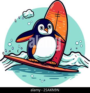 Mignon pingouin surfant sur la vague. Illustration vectorielle dans le style de bande dessinée. Illustration de Vecteur