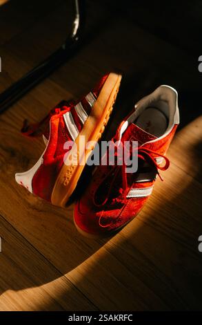 Une paire de baskets adidas samba en daim rouge vif est placée sur un plancher en bois, éclairée par une lumière naturelle chaude. Une chaussure élégante et décontractée Banque D'Images