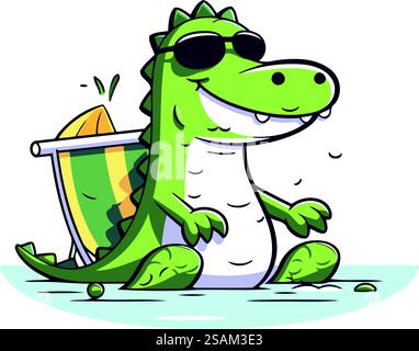 Mignon crocodile dans des lunettes de soleil tenant un parasol. Illustration vectorielle. Illustration de Vecteur