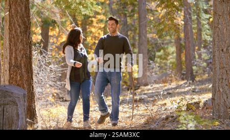 Couple mature actif en plein air profitant de la marche d'automne ou d'automne dans la forêt se tenant par la main Banque D'Images