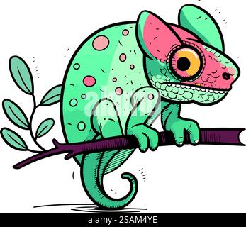 Mignon caméléon de dessin animé sur une branche. Illustration vectorielle. Illustration de Vecteur