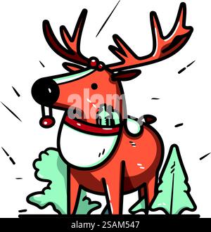 Renne de dessin animé avec chapeau de noël. Illustration vectorielle. Illustration de Vecteur