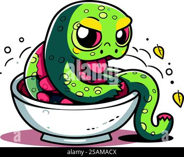 Serpent drôle de dessin animé dans le bol. Illustration vectorielle pour votre conception. Illustration de Vecteur