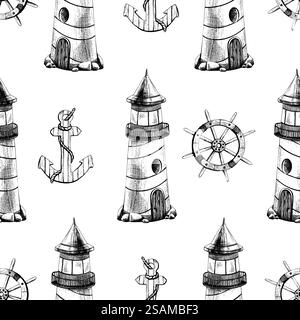 Thème marin avec phare rayé, roue de bateau et ancre. Illustration graphique dessin au trait en noir et blanc monochrome, dessiné à la main à l'encre Illustration de Vecteur