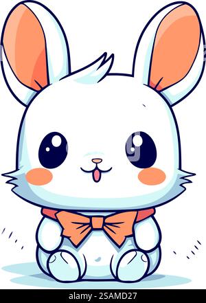 Mignon petit lapin avec noeud papillon isolé sur fond blanc. Illustration vectorielle. Illustration de Vecteur