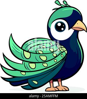 Oiseau de dessin animé mignon avec une queue de paon. Illustration vectorielle. Illustration de Vecteur