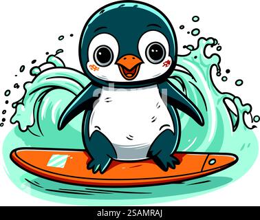 Pingouin mignon avec planche de surf. Illustration vectorielle sur fond blanc. Illustration de Vecteur