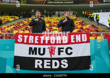 Bucarest, Roumanie. 30 janvier 2025. Manchester United Flag pendant le match FCSB contre Manchester United FC UEFA Europa League au stade National Arena (Arena Națională), Bucarest, Roumanie, le 30 janvier 2025 crédit : Eleanor Hoad/Every second Media crédit : Every second Media/Alamy Live News Banque D'Images