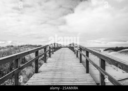 Promenade en bois s'étendant vers une vue nuageuse sur la plage Banque D'Images