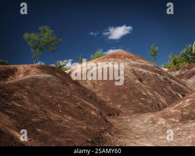 Cheltenham Badlands Ontario Canada panoramique estival. Mystérieux paysage martien formé par de l'argile érodée rouge et grise Banque D'Images