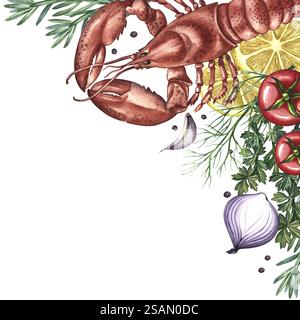 Le cadre est angulaire avec homard, citron, herbes et légumes. Illustration d'aquarelle faite à la main. Image couleur d'un plat de fruits de mer. Sur un backgrou blanc Banque D'Images