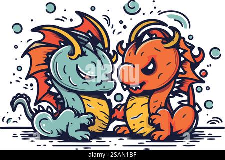 Illustration vectorielle de deux dragons drôles. Style dessin animé. Isolé sur fond blanc. Illustration de Vecteur