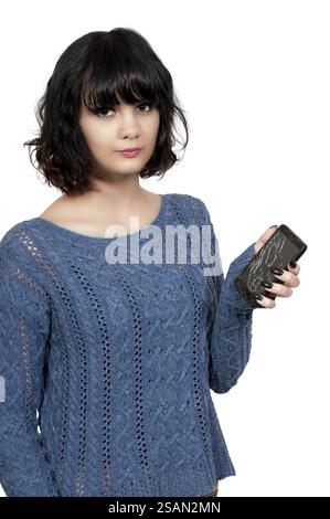 Beautiful woman with a broken cracked phone screen Stock Photo