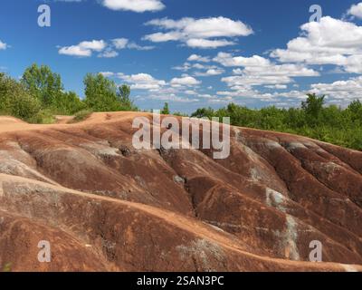 Cheltenham Badlands Ontario Canada panoramique estival. Martien comme paysage formé par de l'argile érodée rouge et grise Banque D'Images