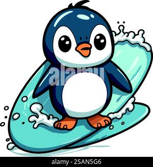 Mignon pingouin surf sur planche de surf. Illustration vectorielle de dessin animé. Illustration de Vecteur