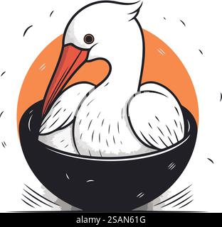 Mignon pélican de dessin animé dans un bol. Illustration vectorielle dessinée à la main. Illustration de Vecteur