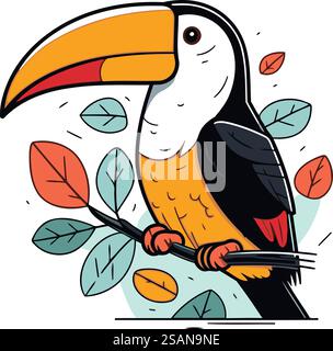 Mignon toucan de dessin animé assis sur une branche. Illustration vectorielle. Illustration de Vecteur