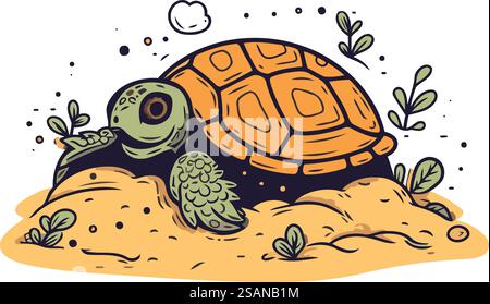 Tortue de bande dessinée sur le sable. Illustration vectorielle dans le style doodle. Illustration de Vecteur