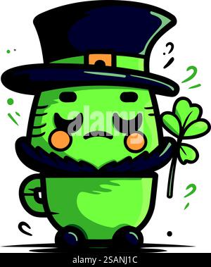 Mignon monstre vert dans un chapeau. Illustration de personnage de dessin animé vectoriel. Illustration de Vecteur