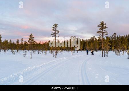 Beau paysage hivernal en Laponie finlandaise autour d'Akaslompolo, Finlande Banque D'Images