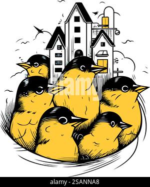 Troupeau d'oiseaux dans le nid. Illustration vectorielle dessinée à la main. Illustration de Vecteur