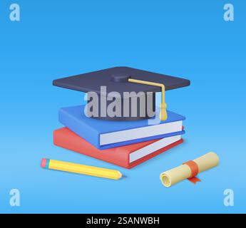Chapeau de graduation 3D, livre et diplôme. Concept d'éducation. Retour à l'école, modèle de conception de bannière. rendu 3d. Illustration vectorielle. Chapeau de graduation 3D, livre et diplôme. Illustration de Vecteur