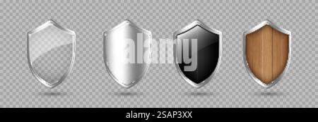Ensemble de boucliers 3D réalistes métalliques, en bois et transparents. Symbole de protection et de sécurité. Illustration vectorielle 3D. Illustration de Vecteur