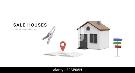 bannière réaliste 3d avec maison, bouquet de clés et panneau de rue isolé sur fond blanc. Agence immobilière, vente maison concept. Icône de maison dans le style minimal de dessin animé. Illustration vectorielle. Illustration de Vecteur