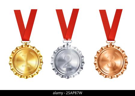 Ensemble réaliste de médailles d'or, d'argent et de bronze sur des rubans rouges. Prix de compétition sportive pour la 1ère, 2ème et 3ème place. Récompenses de championnat pour les réalisations et les victoires. Ensemble réaliste de médailles d'or, d'argent et de bronze sur des rubans rouges. Prix de compétition sportive pour la 1ère, 2ème et 3ème place. Récompenses de championnat pour les réalisations et les victoires. Illustration de Vecteur