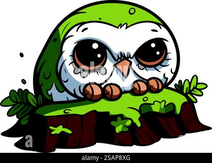 Chouette de dessin animé mignon assis sur une souche d'arbre. Illustration vectorielle. Illustration de Vecteur