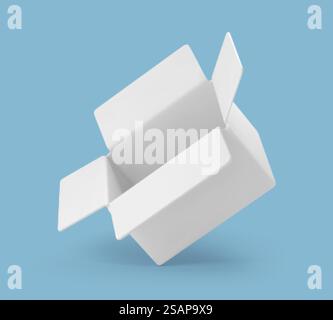 Boîte ouverte en carton 3D isolée sur fond bleu. Caisse de livraison. Boîte en carton ou emballage de livraison. Illustration vectorielle 3D. Illustration de Vecteur
