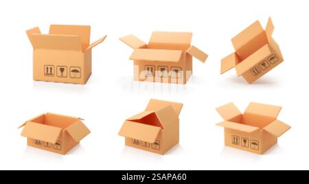Boîtes ouvertes en carton 3D isolées sur fond blanc. Caisse de livraison. Boîte en carton de style dessin animé ou paquet de livraison. vecteur réaliste 3d. Illustration de Vecteur