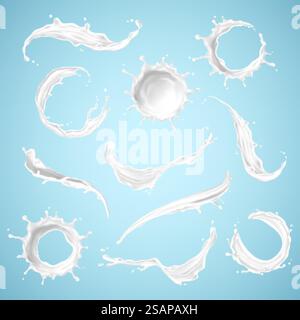Grand ensemble d'éclaboussures de lait isolé sur fond bleu. Illustration vectorielle Illustration de Vecteur