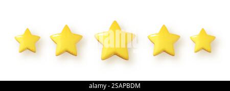 Cinq étoiles jaunes isolées sur fond blanc. Cinq étoiles. Évaluation du produit ou concept de commentaires des clients. Illustration vectorielle 3D. Illustration de Vecteur