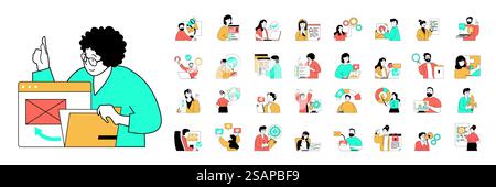 Concept de marketing et de développement avec des situations de personnes Mega Set dans la conception de web plat. Regroupez des scènes de promotion en ligne, de publicité. Illustrations vectorielles pour bannière de médias sociaux, matériel marketing. Illustration de Vecteur