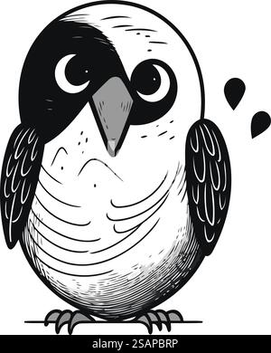 Illustration vectorielle mignonne de corbeau de dessin animé. Oiseau noir et blanc dessiné à la main. Illustration de Vecteur