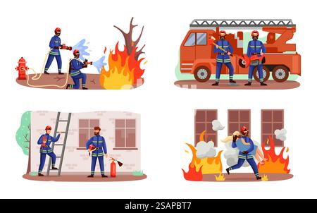 Pompiers. Personnel des services de secours d'urgence en uniforme. Braves pompiers sauvant les gens du concept de feu. Sauveteurs personnages éteignant la flamme. Assistance aux victimes. Ensemble d'activités de lutte contre les incendies de vecteurs. Pompiers. Personnel des services de secours d'urgence en uniforme. Pompiers sauvant les gens du concept de feu. Sauveteurs éteignant la flamme. Assistance aux victimes. Ensemble d'activités de lutte contre les incendies de vecteurs Illustration de Vecteur
