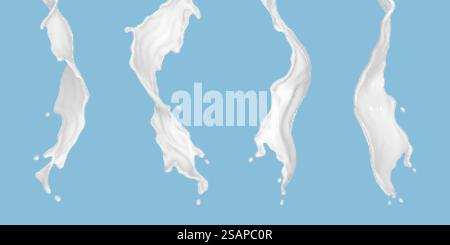 Éclaboussures de lait ou de liquide blanc isolé sur fond bleu. Jeu de courants d'écoulement de liquide. Produit laiteux ou laitier frais. Vectoriel réaliste Illustration de Vecteur
