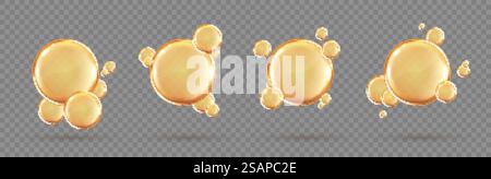 Ensemble de gouttes dorées d'Oméga trois, six et neuf. Acides gras polyinsaturés Oméga-3, Oméga-6, Oméga-9. Huile de poisson naturelle, vitamine organique, nutriments. Acides gras oméga. Capsules réalistes vectorielles Illustration de Vecteur