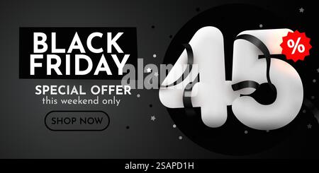 45 % de réduction. Composition Black Friday Sale avec objets décoratifs. Bannière et affiche de réduction. Illustration vectorielle.. 45 % de réduction. Composition Black Friday Sale avec objets décoratifs. Bannière et affiche de réduction. Illustration de Vecteur