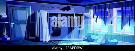 Bannière de fond de chambre sombre abandonnée dans la conception de dessin animé plat. Affiche intérieure de l'appartement de nuit avec fenêtres clair de lune, débris de rideau, trou et fissures sur le mur sale, vieille garde-robe. Illustration vectorielle Illustration de Vecteur