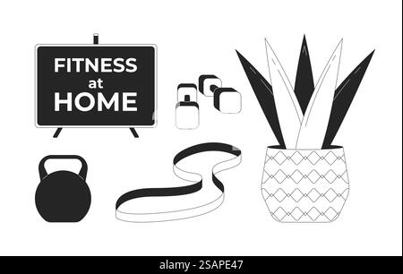 Fitness à la maison accessoires 2D noir et blanc ensemble d'objets Illustration de Vecteur